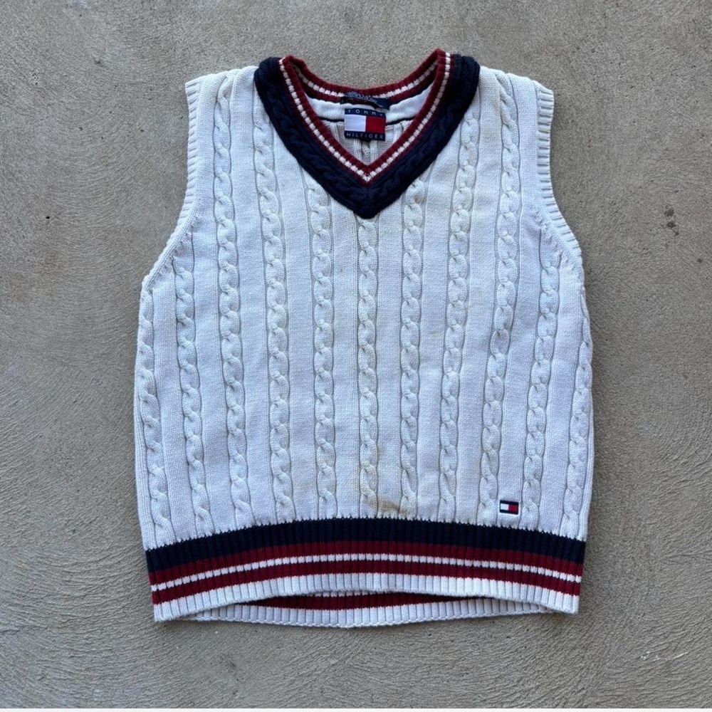 Tommy Hilfiger Men's V-Neck Sweater Vest - White with Navy and Red